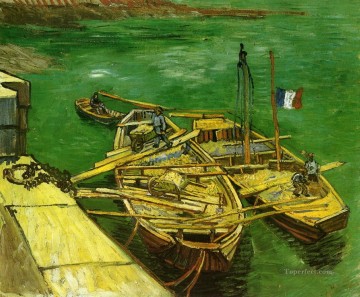 Muelle con hombres descargando barcazas de arena Vincent van Gogh Pinturas al óleo